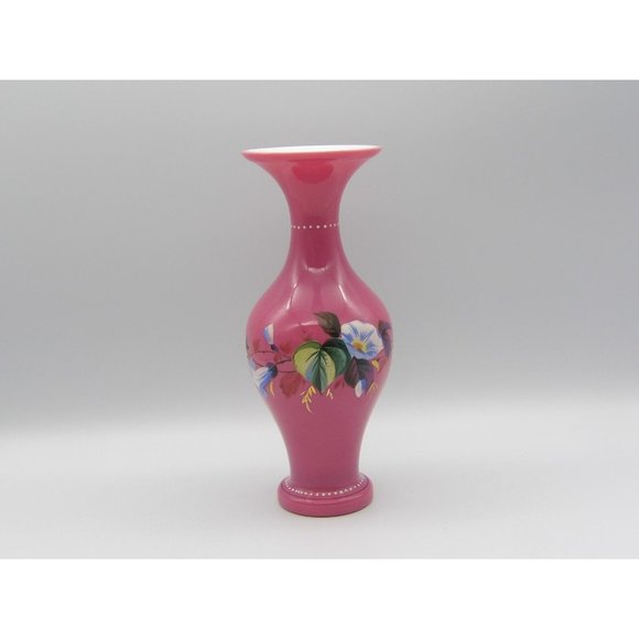 Vintage Hand Blown Cased Glass Vase Pink Hand Painted Enamel Flowers 8 3/4" H - Picture 7 of 9